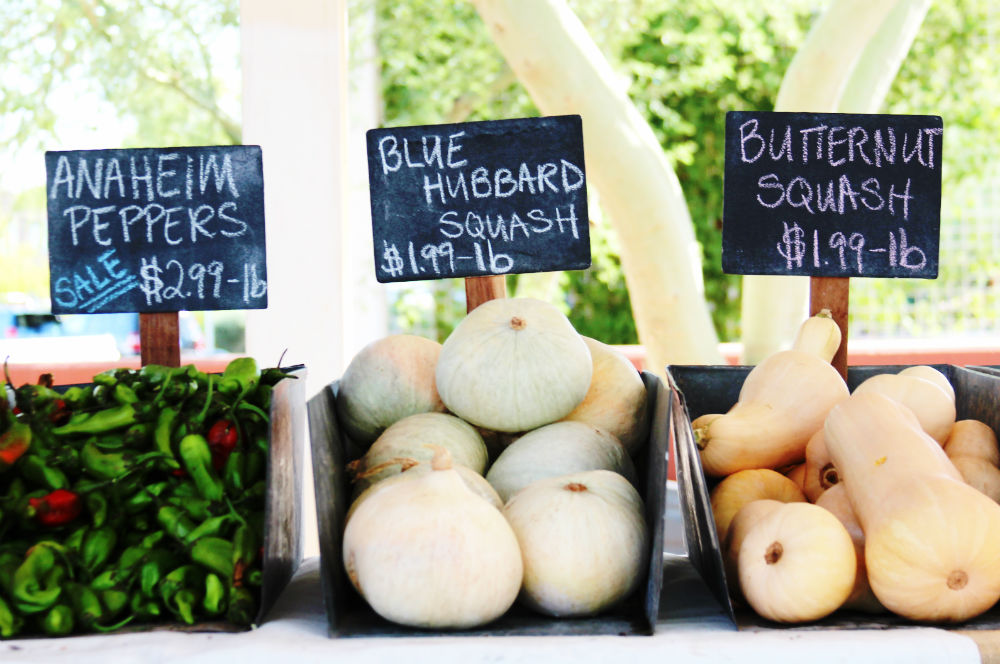 Produce bins at farmers market