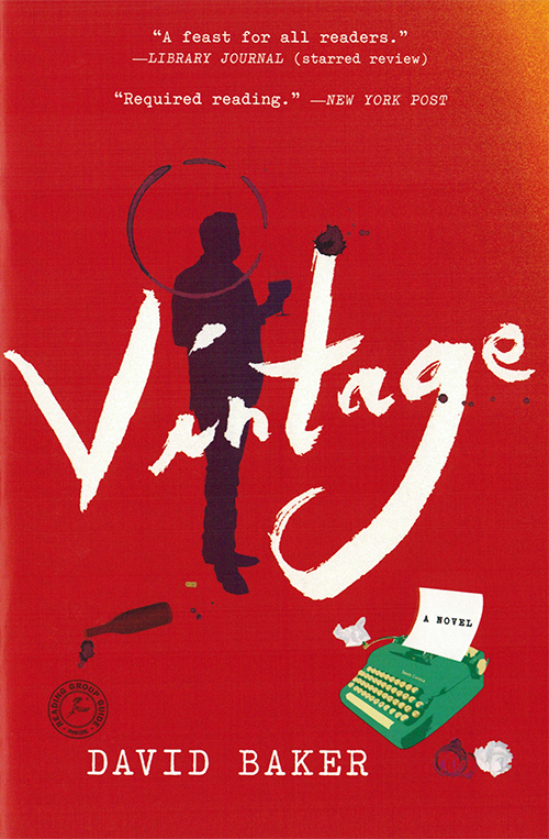 Cover of the novel Vintage by David Baker featuring a typewriter and a silhouette of the main character